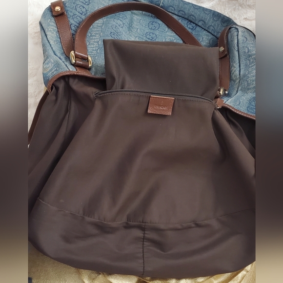 Authentic Gucci Blue Monogram Denim Shoulder Bag with Brown Leather Straps RARE! - Picture 14 of 16